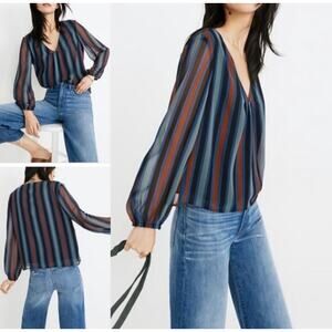 Madewell | Women's Fall Blue Brown Striped Sheer Lined Academy Blouse Sz S